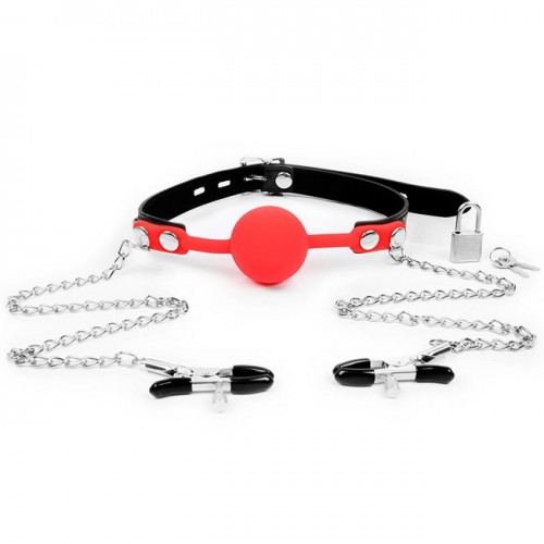 Красный силиконовый кляп с зажимами для сосков и замочком Красный силиконовый кляп с зажимами для сосков и замочком