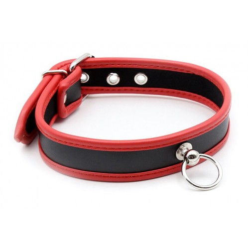 Черно-красный ошейник с металлическим кольцом