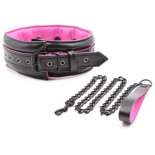 Черно-розовый ошейник с поводком на цепи Черно-розовый ошейник с поводком на цепи