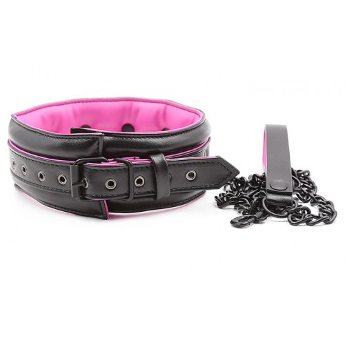 Черно-розовый ошейник с поводком на цепи Черно-розовый ошейник с поводком на цепи