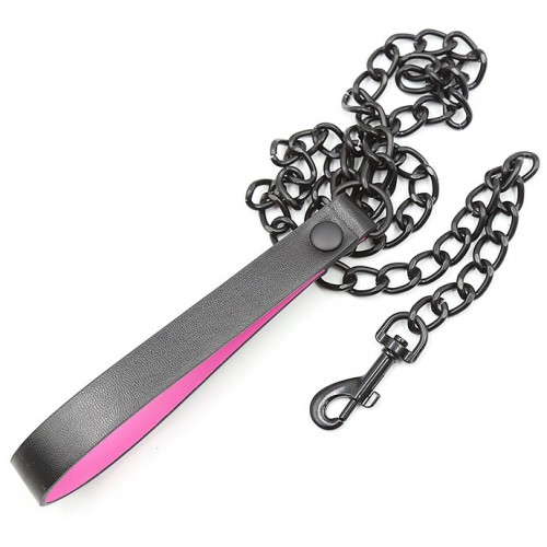 Черно-розовый ошейник с поводком на цепи Черно-розовый ошейник с поводком на цепи
