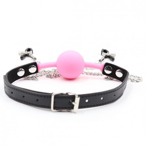 Розовый силиконовый кляп с зажимами для сосков и замочком Розовый силиконовый кляп с зажимами для сосков и замочком