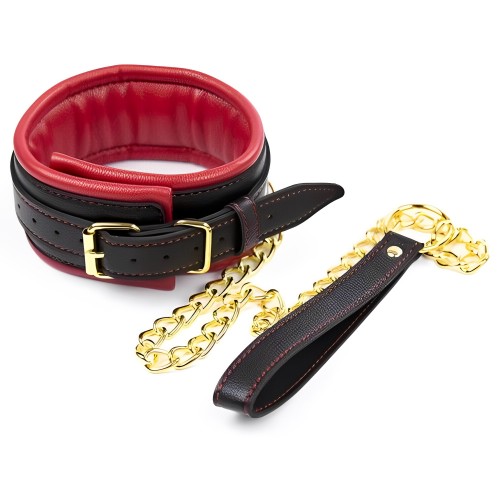 Черно-красный ошейник с поводком на золотой цепи Черно-красный ошейник с поводком на золотой цепи