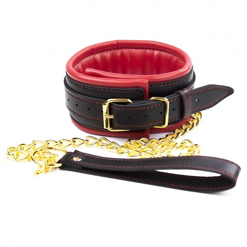 Черно-красный ошейник с поводком на золотой цепи Черно-красный ошейник с поводком на золотой цепи