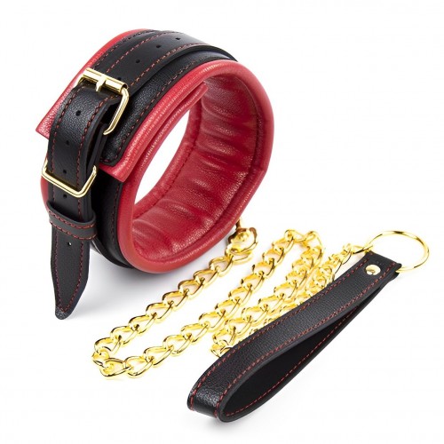 Черно-красный ошейник с поводком на золотой цепи Черно-красный ошейник с поводком на золотой цепи