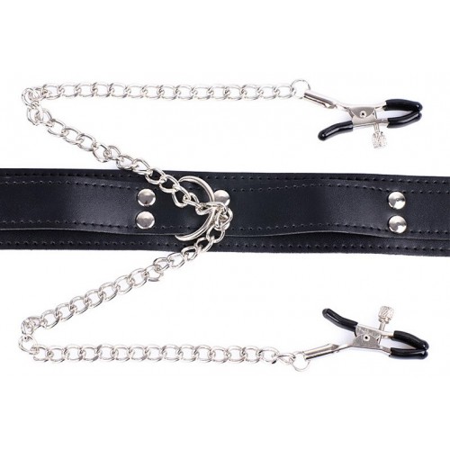 Черный ошейник с зажимами для сосков Черный ошейник с зажимами для сосков