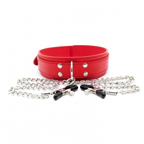 Красный ошейник с зажимами для сосков Красный ошейник с зажимами для сосков