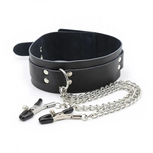 Черный ошейник с зажимами на соски Черный ошейник с зажимами на соски