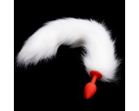 Красная анальная пробка S с белым лисьим хвостиком 44 см