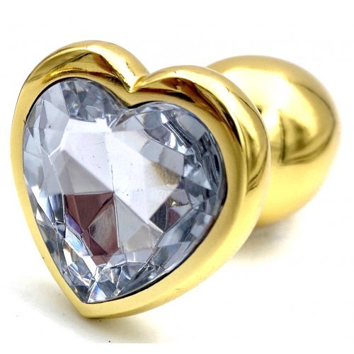 Золотая металлическая анальная пробка с прозрачным камушком в виде сердечка L Золотая металлическая анальная пробка с прозрачным камушком в виде сердечка L
