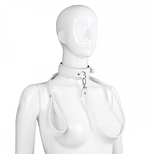 Белый классический ошейник на металлическом поводке Белый классический ошейник на металлическом поводке