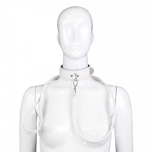 Белый классический ошейник на металлическом поводке Белый классический ошейник на металлическом поводке