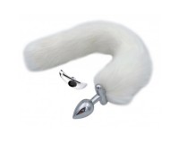 Металлическая анальная втулка со съемным белым хвостиком и пробкой с черным кристаллом