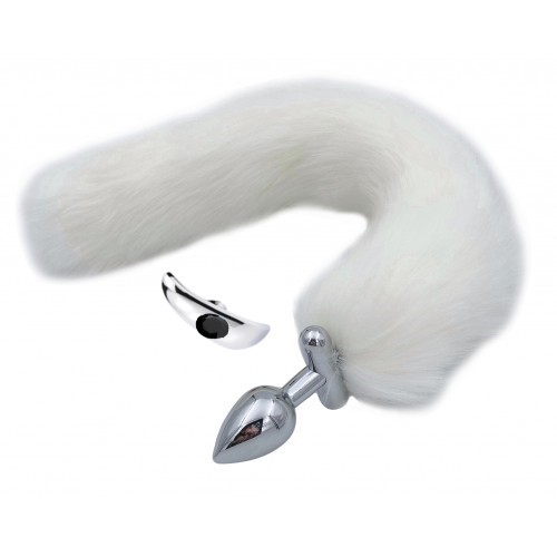 Металлическая анальная втулка со съемным белым хвостиком и пробкой с черным кристаллом Металлическая анальная втулка со съемным белым хвостиком и пробкой с черным кристаллом