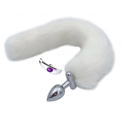 Металлическая анальная втулка со съемным белым хвостиком и пробкой с фиолетовым кристаллом Металлическая анальная втулка со съемным белым хвостиком и пробкой с фиолетовым кристаллом