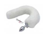 Металлическая анальная втулка со съемным белым хвостиком и пробкой с розовым кристаллом