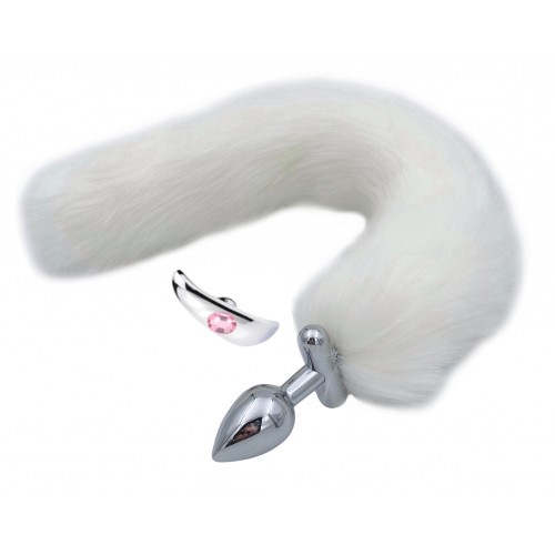 Металлическая анальная втулка со съемным белым хвостиком и пробкой с розовым кристаллом Металлическая анальная втулка со съемным белым хвостиком и пробкой с розовым кристаллом