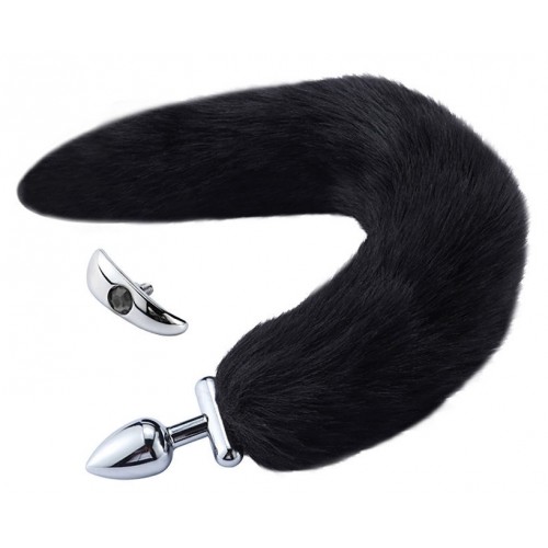 Металлическая анальная втулка со съемным черным хвостиком и пробкой с черным кристаллом Металлическая анальная втулка со съемным черным хвостиком и пробкой с черным кристаллом