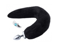 Металлическая анальная втулка со съемным черным хвостиком и пробкой с голубым кристаллом