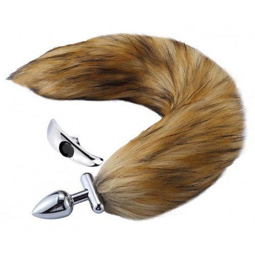 Металлическая анальная втулка со съемным рыжим хвостиком и пробкой с черным кристаллом Металлическая анальная втулка со съемным рыжим хвостиком и пробкой с черным кристаллом