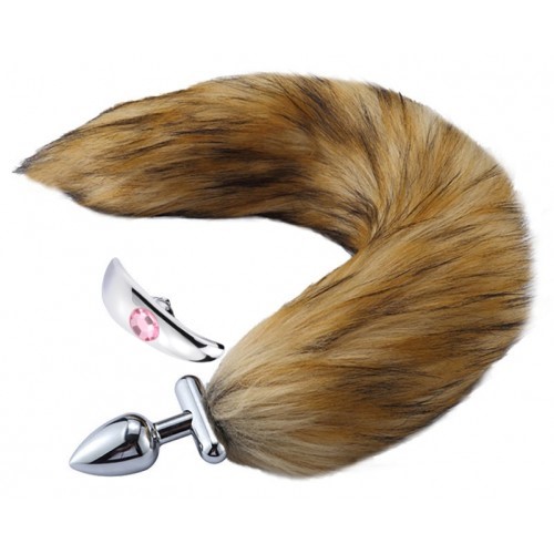 Металлическая анальная втулка со съемным рыжим хвостиком и пробкой с розовым кристаллом Металлическая анальная втулка со съемным рыжим хвостиком и пробкой с розовым кристаллом