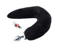 Металлическая анальная втулка со съемным черным хвостиком и пробкой с красным кристаллом