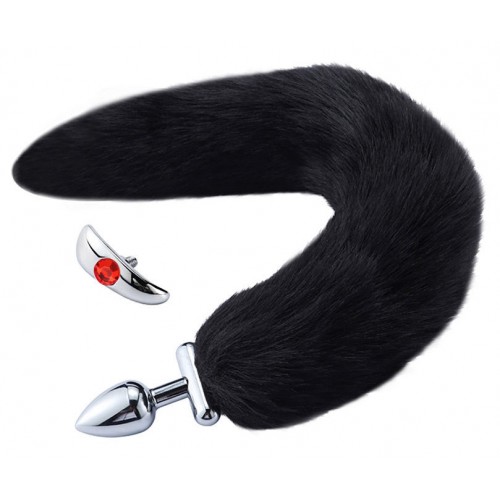 Металлическая анальная втулка со съемным черным хвостиком и пробкой с красным кристаллом Металлическая анальная втулка со съемным черным хвостиком и пробкой с красным кристаллом