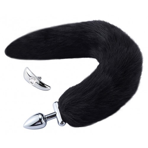 Металлическая анальная втулка со съемным черным хвостиком и пробкой с прозрачным кристаллом Металлическая анальная втулка со съемным черным хвостиком и пробкой с прозрачным кристаллом