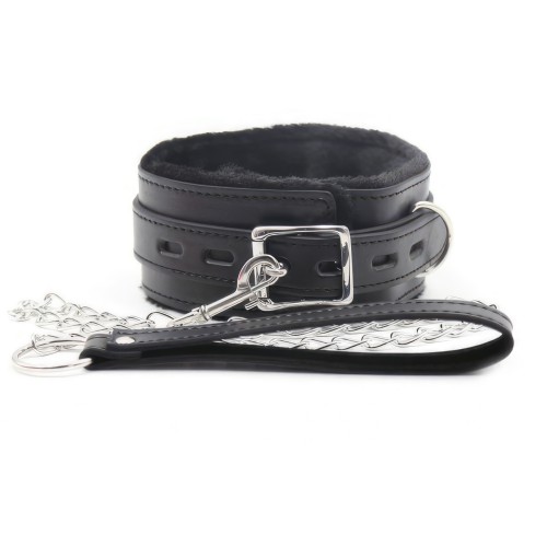 Чёрный ошейник с искусственным мехом на поводке Чёрный ошейник с искусственным мехом на поводке