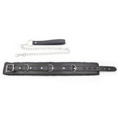 Чёрный ошейник с искусственным мехом на поводке Чёрный ошейник с искусственным мехом на поводке