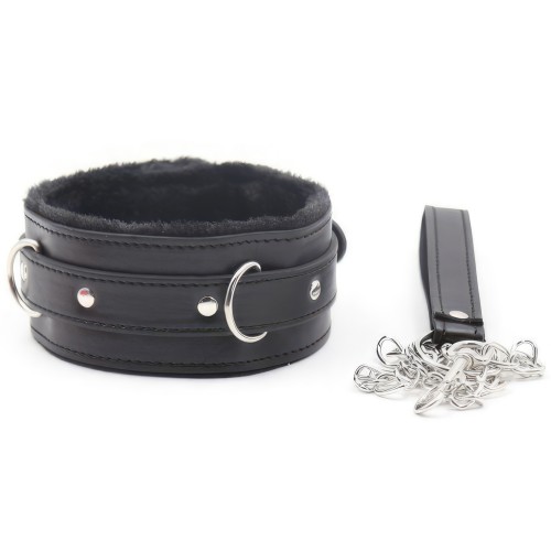 Чёрный ошейник с искусственным мехом на поводке Чёрный ошейник с искусственным мехом на поводке