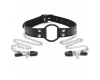 Черный кляп-кольцо с зажимами для сосков