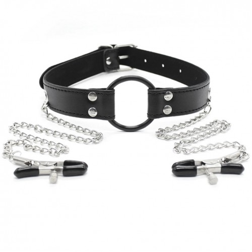 Черный кляп-кольцо с зажимами для сосков Черный кляп-кольцо с зажимами для сосков