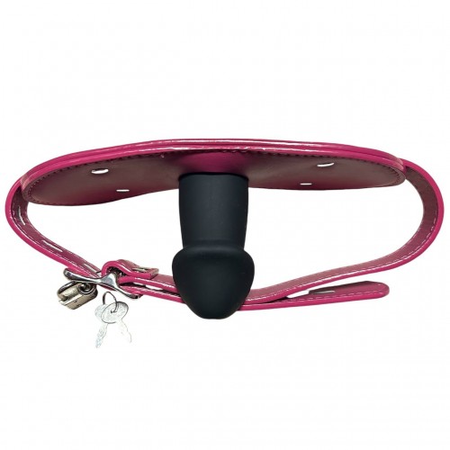 Силиконовый кляп-фаллос на малиновом ремне с замочком Силиконовый кляп-фаллос на малиновом ремне с замочком