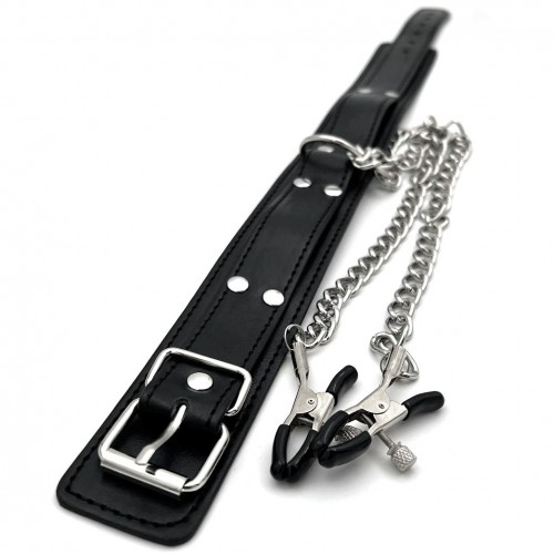 Черный ошейник с зажимами для сосков Черный ошейник с зажимами для сосков