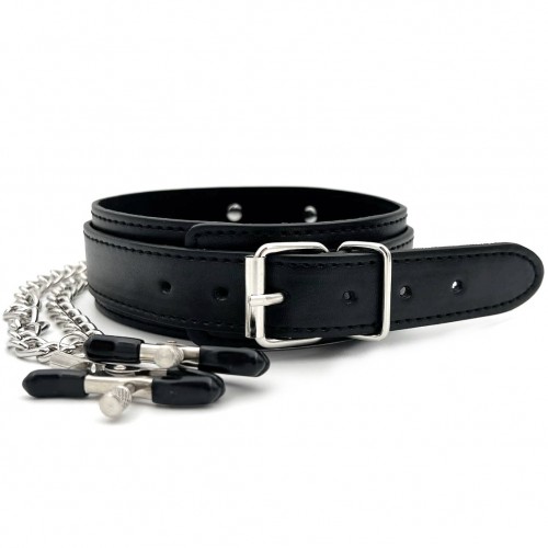 Черный ошейник с зажимами для сосков Черный ошейник с зажимами для сосков