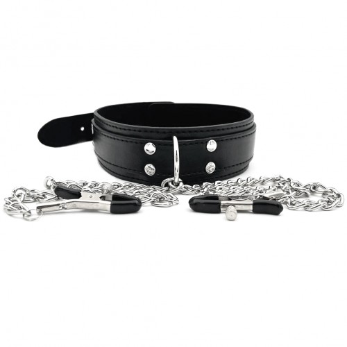 Черный ошейник с зажимами для сосков Черный ошейник с зажимами для сосков