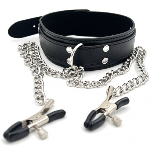 Черный ошейник с зажимами для сосков Черный ошейник с зажимами для сосков