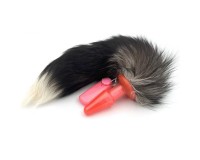 Розовая анальная втулка с вибрацией и бурым хвостиком 53 см