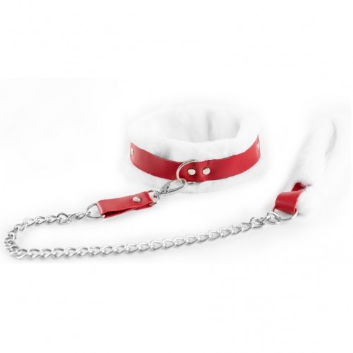 Ошейник из натуральной красной кожи с нежным белым мехом и поводок-цепочка с меховой петелькой Ошейник из натуральной красной кожи с нежным белым мехом и поводок-цепочка с меховой петелькой
