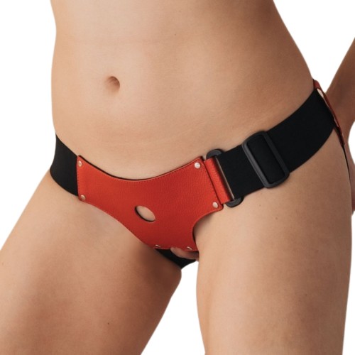 Черно-красные трусики-джоки из кожи для маленькой насадки Черно-красные трусики-джоки из кожи для маленькой насадки