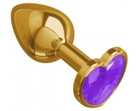 Золотистая анальная пробка сердечко с камушком пурпурного цвета L