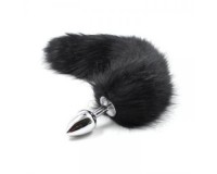 Металлическая анальная пробка S с длинным черным хвостиком 42 см