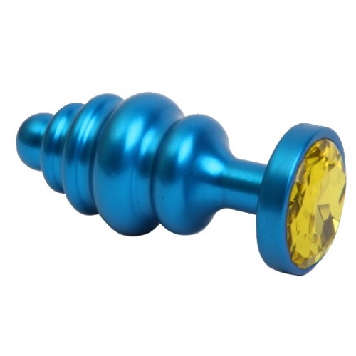 Синяя рифленая анальная пробка с желтым стразом S Синяя рифленая анальная пробка с желтым стразом S