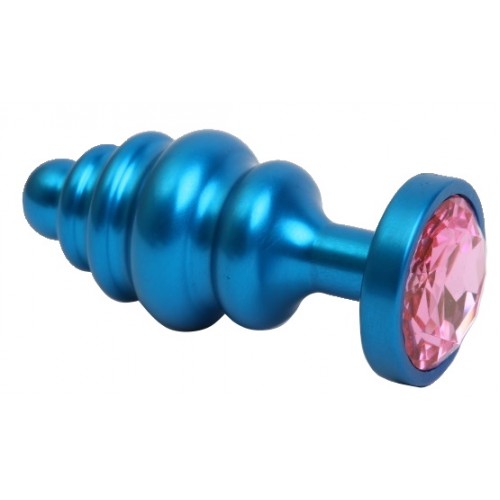 Синяя рифленая анальная пробка с розовым стразом S Синяя рифленая анальная пробка с розовым стразом S