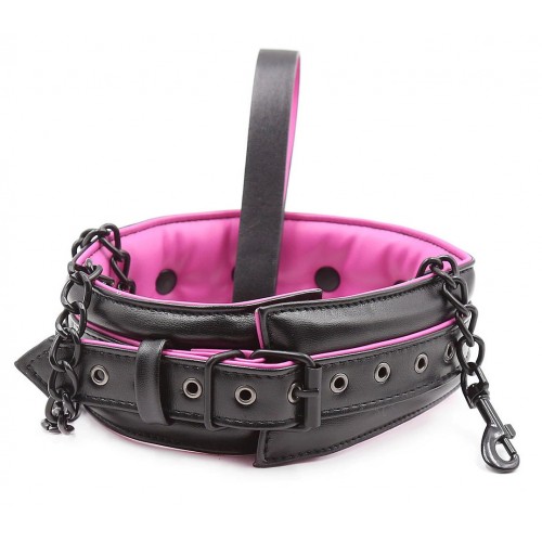 Черно-розовый ошейник с поводком на цепи Черно-розовый ошейник с поводком на цепи
