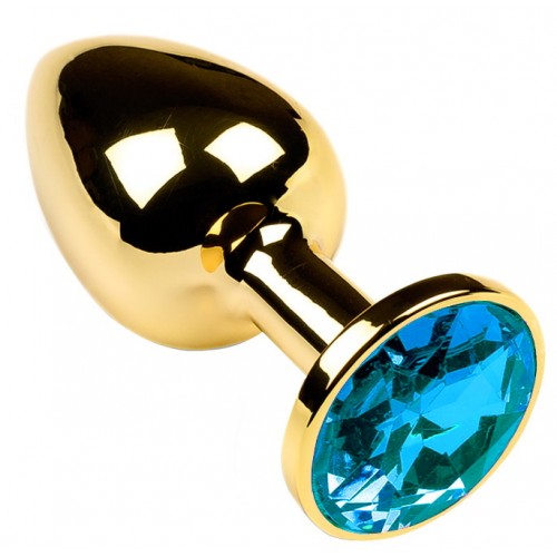 Золотая металлическая анальная пробка с камушком голубого цвета M Золотая металлическая анальная пробка с камушком голубого цвета M